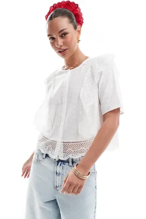 Pieces® Broderie cutwork detail short sleeve blouse in cloud