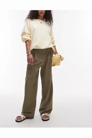 Topshop Premium double pleat straight leg tailored pants in khaki