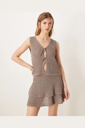 ASOS Knit crochet tie front tank top in mocha - part of a set