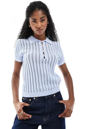 Monki Knitted polo top with stitch detail in
