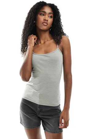 Monki Shrunken strappy tank top in khaki and white stripe