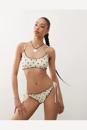 Reclaimed Bralet bikini top with frills in chocolate heart print
