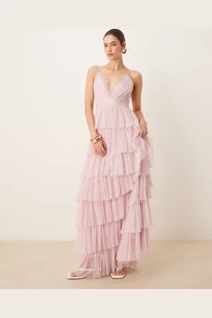 Lace & Beads Lace trim cami tulle tiered maxi dress in powder