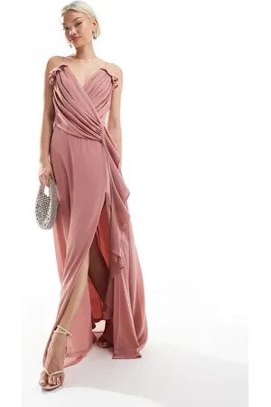 TFNC Bridesmaid wrap front chiffon maxi dress with frill detail and split in dusky