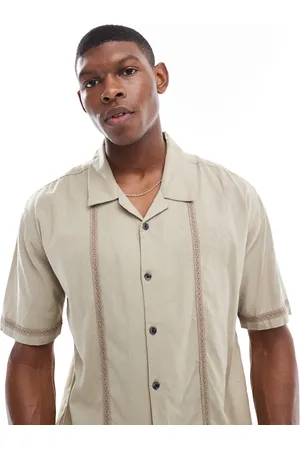 Threadbare Border detail short sleeve cotton shirt with linen in stone