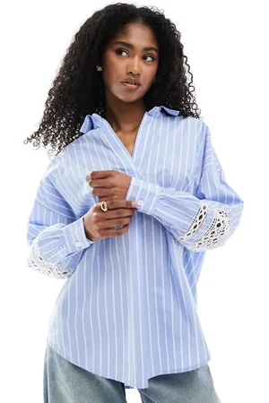 French Connection Cambria embroidered sleeve shirt in blue stripe