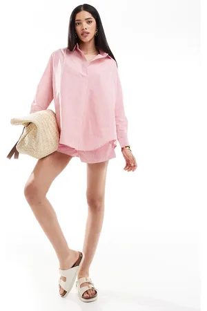French Connection Stripe poplin popover shirt in pink and white -set