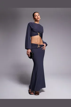 ASOS Drape maxi skirt with gold detail in dark - part of a set