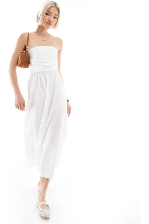 Pull&Bear Poplin ruched detail bandeau midaxi dress in