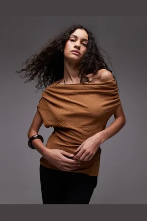 MANGO One-shoulder ruched top in rust