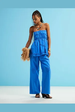 SNDYS Linen blend poplin flower applique wide leg pants in bright