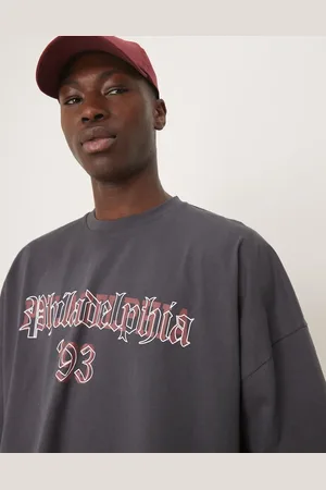 ASOS Oversized boxy heavyweight 240gsm T-shirt with sports print in charcoal