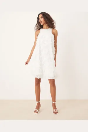 Y.A.S Textured racer neck mini dress with pearl-embellished trim in