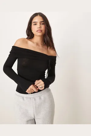 Gina Tricot Off-shoulder long sleeve top with ruched channel detail and fluted sleeves in