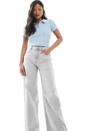 Pull&Bear Petite high rise wide leg jeans in washed