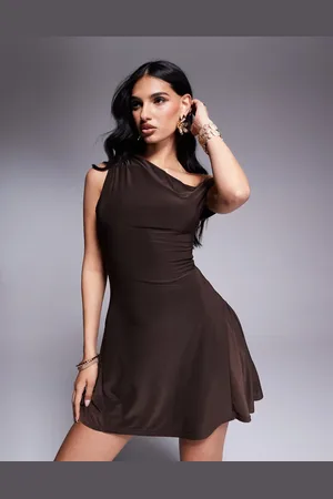 Kaiia Exclusive slinky off the shoulder drape detail fitted waist mini skater dress in chocolate