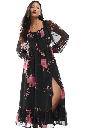 Miss Selfridge Long sleeve corset detail maxi dress in rose print