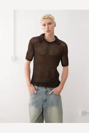 Reclaimed Open stitch knit polo shirt in chocolate