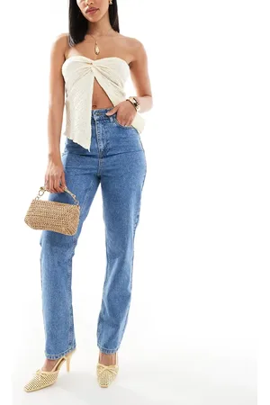 Miss Selfridge Elastic waist straight leg jeans in mid wash