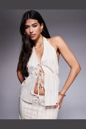 Kaiia Linen blend tie detail halterneck top in cream stripe - part of a set