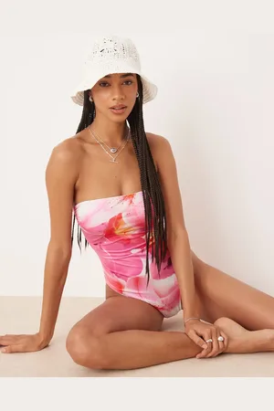 Stradivarius Bandeau floral print swimsuit in white and pink