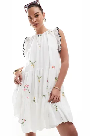 French Connection Tiered mini dress with embroidery in