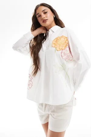 French Connection Cotton pop over shirt in with floral embroidery