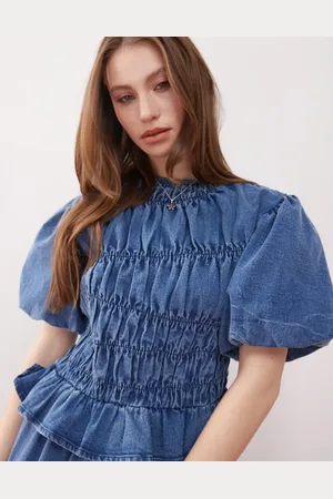 Reclaimed Puff sleeve shirred detail top in denim wash - part of a set