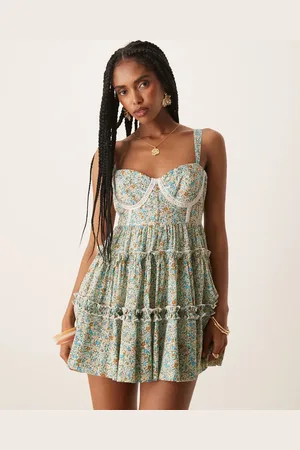 Lace & Beads Lace trim corset ruffle mini dress in ditsy floral