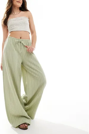 Stradivarius Linen look wide leg pants in khaki green stripe