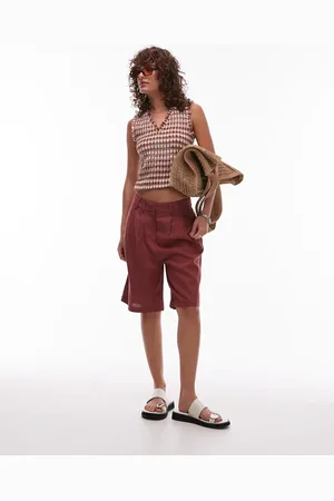 Topshop Linen blend longline shorts in burgundy