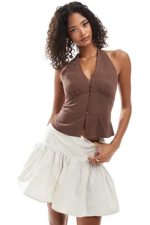 Stradivarius Halterneck buttoned top in brown
