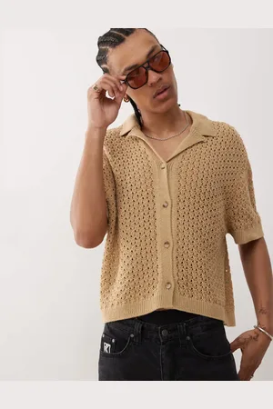 Reclaimed Crochet knit resort shirt in tan