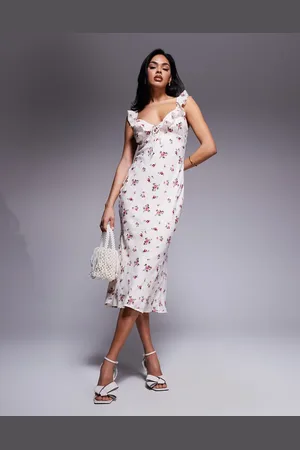 Love Triangle Frill v-neck midi dress in textured floral plaid