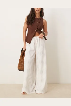 Stradivarius Linen look wide leg pants in ecru stripe