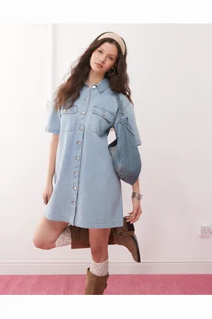 Miss Selfridge Oversized short sleeve denim shirt dress in bleach wash