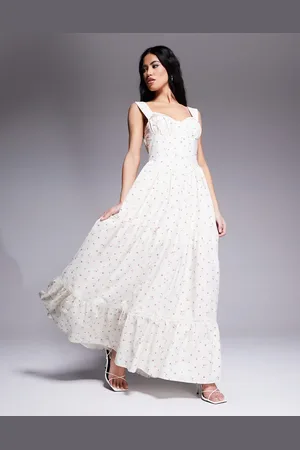 Love Triangle Milkmaid tiered maxi dress in ditsy