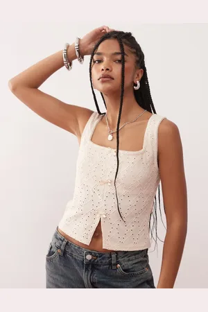 Reclaimed Split front broderie tank in cream
