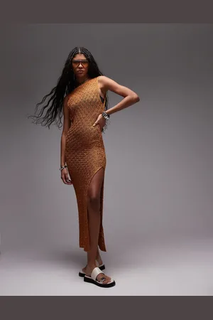 Topshop Knit stitchy open back sleeveless dress with sequins in rust