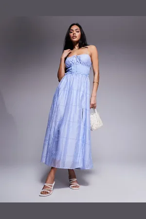 Love Triangle Embroidered midaxi dress with shirred waist and lace up back in
