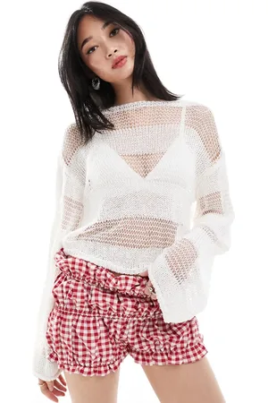 Monki Long sleeve loose knit top with sheer stripes in off
