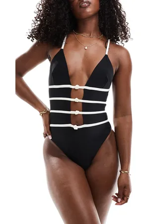 Kaiia Plunge cut out rose details swimsuit in and white