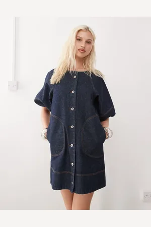 COLLUSION Denim shirt dress with puff sleeves in rinse wash