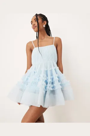 Lace & Beads Tulle ruffle babydoll bodysuit mini dress in baby