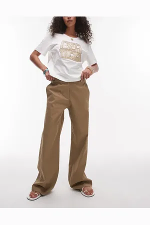 Topshop Low rise casual tailored straight leg pants in beige