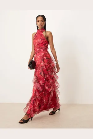 Lace & Beads Halterneck ruffle midaxi dress in oversized floral