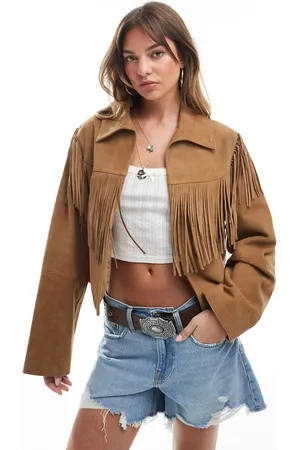 ASOS Double breasted real suede fringe jacket in tan