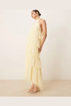 Lace & Beads Backless tiered tulle maxi dress in lemon