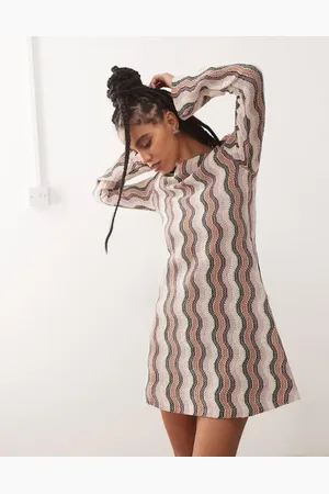 Reclaimed Stripe crochet flare sleeve mini dress in stripe