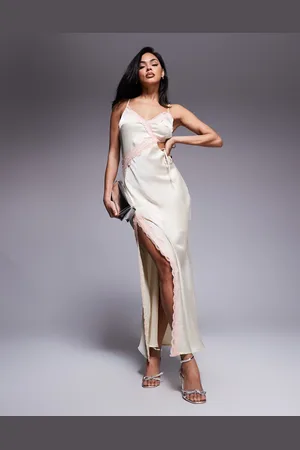 Love Triangle Satin cut-out maxi dress with lace trim in apricot